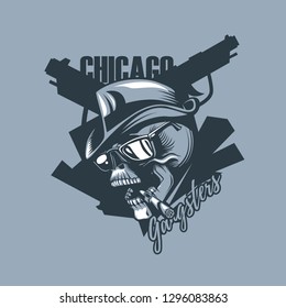 Vintage skull in the style of 30 years. Chicago gangsters. Monochromatic tattoo style.