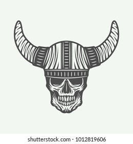 Vintage skull in viking helm in retro style. Monochrome Graphic Art. Vector Illustration.
