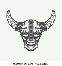 Vintage skull in viking helm in retro style. Monochrome Graphic Art. Vector Illustration.

