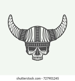 Vintage skull in viking helm in retro style. Monochrome Graphic Art. Vector Illustration.