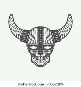 Vintage skull in viking helm in retro style. Monochrome Graphic Art. Vector Illustration.