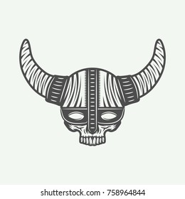 Vintage skull in viking helm in retro style. Monochrome Graphic Art. Vector Illustration.