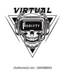 Vintage skull in VR headset vector illustration. Monochrome badge for VR advertising. Videogame and computer tournament concept can be used for retro template, banner or poster