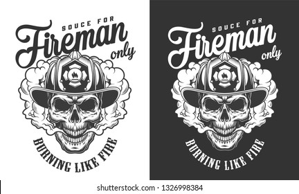 Vintage skull wearing fireman helmet badge in smoke cloud in monochrome style isolated vector illustration