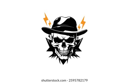 Vintage Skull Wearing a Hat With Lightning bolt Logo
