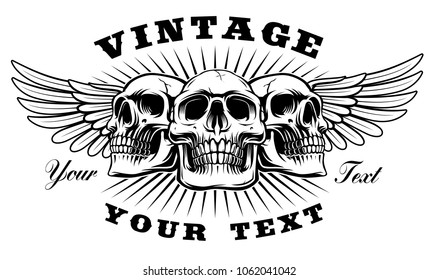 Vintage skull with wings on the white background. Shirt design