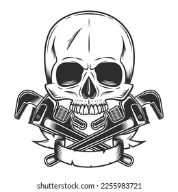 Vintage skull without jaw with body shop mechanic spanner repair tool or construction wrench for gas and builder plumbing pipe with ribbon in monochrome style isolated vector illustration