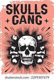 Vintage Skulls Gang old west poster, retro sticker, Inferno, skull firing, epic, Masquerade, cowboy, west, gang mascot, silhouette 