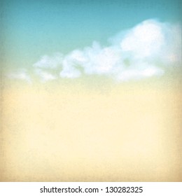 Vintage sky old paper retro style background with white clouds, subtle grunge texture of surface of the paper at the backdrop in blue & yellow colors like watercolor stretching on a clear summer day