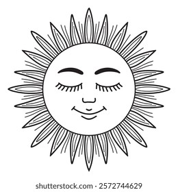Vintage slavic sun with face icon, medieval boho style drawing. Maslenitsa russian holiday symbol. Vector line art contour illustration isolated on white background