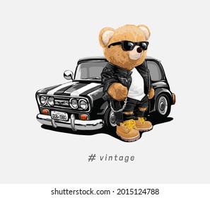 vintage slogan with bear doll in sunglasses with black vintage car vector illustration