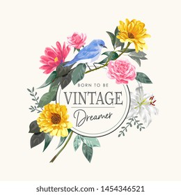 vintage slogan with blue bird and colorful flowers illustration