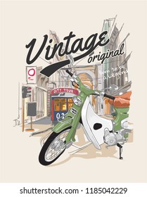 vintage slogan with scooter in the street