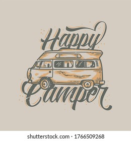 vintage slogan typography happy camper for t shirt design