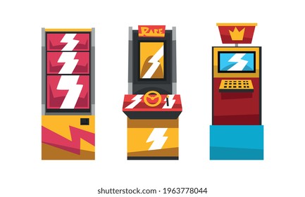 Vintage Slot Machines Set, Gambling Concept Cartoon Vector Illustration