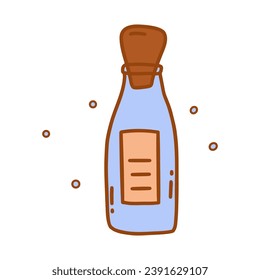 Botella vintage azul con corcho, tarro para bebidas, especias, pociones. Dibujo aislado de un vector colorido, doodle dibujado a mano con contorno. Poción de amor, elixir mágico, contenedor con icono de etiqueta