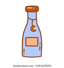 Pequeña botella de color azul vintage con crema en el cordón, frasco para bebidas, especias, pociones. Dibujo gráfico aislado de vector colorido dibujado a mano. Poción de amor, elixir mágico, contenedor con imágenes prediseñadas