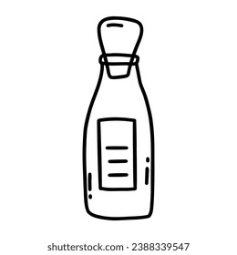 Pequeña botella vintage con corcho, frasco para bebidas, especias, pociones. Dibujo aislado de vector blanco y negro dibujado a mano. Poción de amor, elixir mágico, contenedor con icono de etiqueta