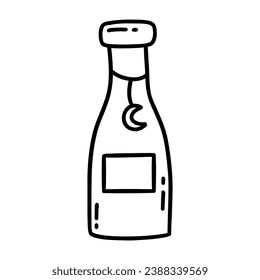 Botella pequeña vintage con acento en cordón, frasco para bebidas, especias, pociones. Dibujo aislado de vector blanco y negro dibujado a mano. Poción de amor, elixir mágico, contenedor con icono de etiqueta