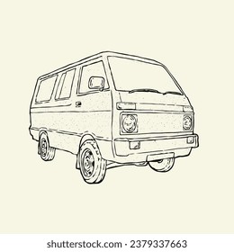 vintage small mini bus vector lineart