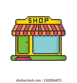 Vintage Small Shop Pixel Art Style Vector Icon On White Background.