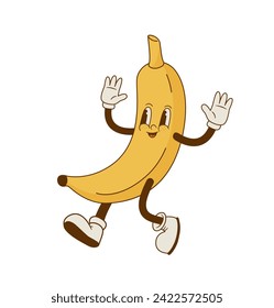 Vintage smiling banana mascot vector illustration. Happy retro cartoon tropical fruit character. Groovy style. 