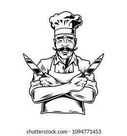 Vintage smiling chef holding knives in monochrome style isolated vector illustration