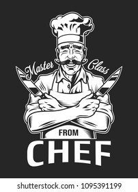 Vintage smiling chef logotype with crossed arms holding knives in monochrome style isolated vector illustration