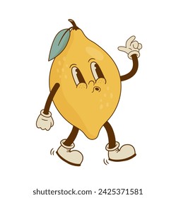 Vintage smiling lemon mascot vector illustration. Happy retro cartoon citrus character. Nostalgia 70s, 80s,90s