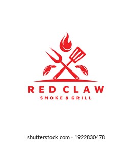 Vintage Smoke Grill Barbecue with Crossed Fork with Spatula, Fire Flame and Red Claw Logo Design