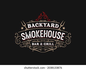 Vintage Smokehouse Bbq Barbecue Barbeque Bar And Grill Logo Design With Fork And Fire