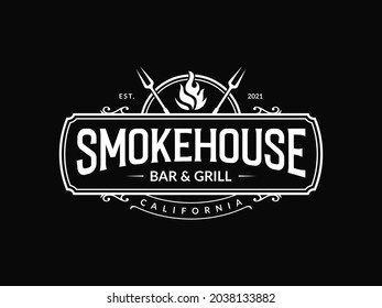 Vintage Smokehouse Bbq Barbecue Barbeque Bar And Grill Logo Design With Fork And Fire