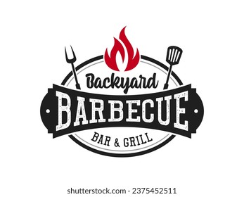 Vintage smokehouse bbq barbecue barbeque bar and grill badge logo design with fork and fire