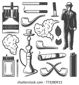 Vintage smoking elements collection with cigarettes gentleman hookah pipes matches lighter cigar tobacco leaves isolated vector illustration