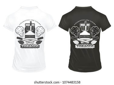 Vintage smoking prints template with lettering cigarette pack tobacco leaves on white and black shirts isolated vector illustration