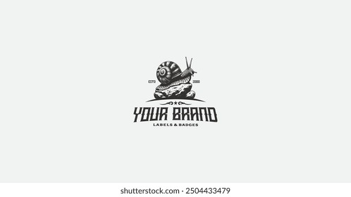 Vintage snail on rock stone logo illustration