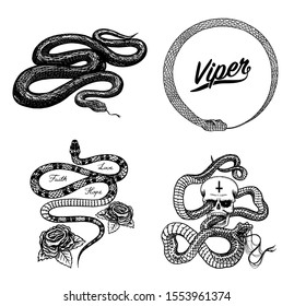 Vintage snake set. Royal python with skull and roses, milk reptile, venomous cobra. Poisonous Viper for poster or tattoo. Engraved hand drawn old sketch for t-shirt or logo. 