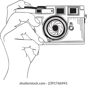 Vintage Snapshot: Hand Holding Camera Line Art Illustration, Creative Photography: Hand Drawn Retro Camera Vector, Snapshot Moment: Hand Holding Camera Sketch in Art Line