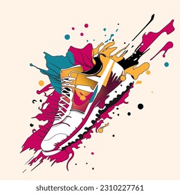 A vintage sneaker with a splash of paint in the background. Vector illustration