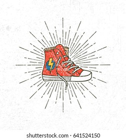 Vintage sneaker with sunburst on grunge background 