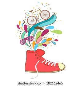 Vintage sneakers with elements of summer and hipster, bicycle, glasses and a mustache.  Vector illustration.