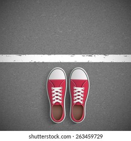 Vintage sneakers stand before line. Vector image.