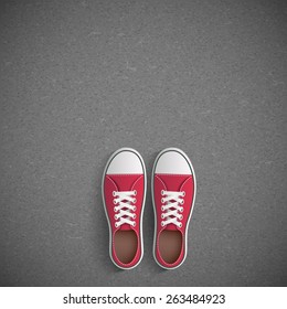 Vintage sneakers stand on asphalt. Vector image.