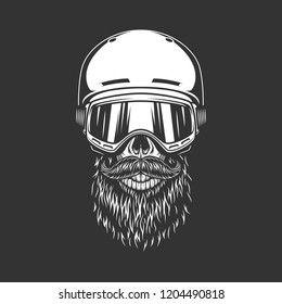 Vintage snowboarder bearded skull wearing helmet and goggles in monochrome style isolated vector illustration