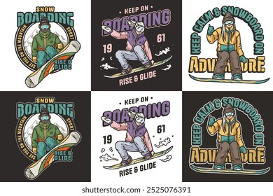Vintage snowboarding designs capturing joy and thrill in snowy mountains. Embrace winter sport spirit with unique illustrations exuding adventure and style. Enjoy the ride.