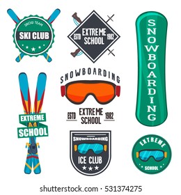 Vintage snowboarding or winter sports logos, badges, emblems design. Vector ski logo. Winter snowboard sport store badge. Snowboarder mountain adventure insignia. Snowboarding extreme label.
