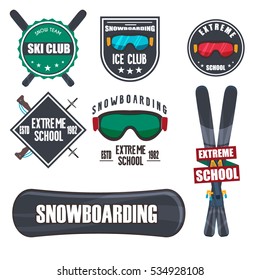 Vintage snowboarding or winter sports logos, badges, emblems design. Vector ski logo. Winter snowboard sport store badge. Snowboarder mountain adventure insignia. Snowboarding extreme label.