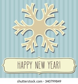 Vintage snowflake and a frame with New Year greetings over blue striped background.