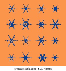 vintage snowflake set. 20 original snow flakes for Christmas, New Year decoration. Hand drawn doodle objects.