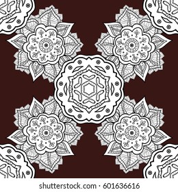 Vintage snowflakes on brown background. Winter snow texture wallpaper. Christmas white snowflake seamless pattern. Symbol holiday, New Year celebration vector white pattern.